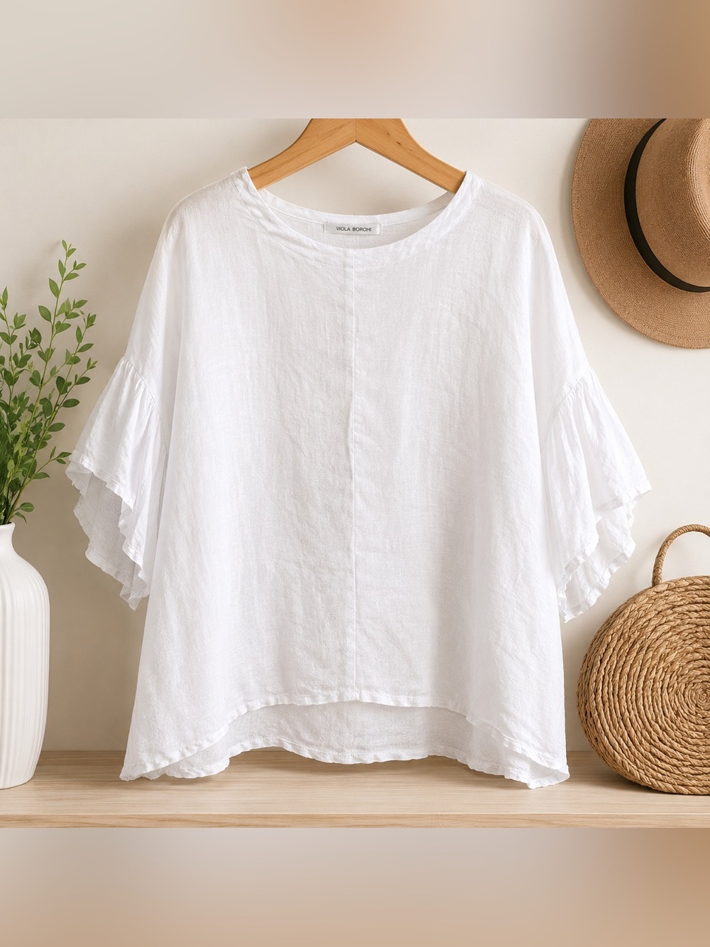 Viola Borghi Relaxed White Linen Ruffle Sleeve Tunic
